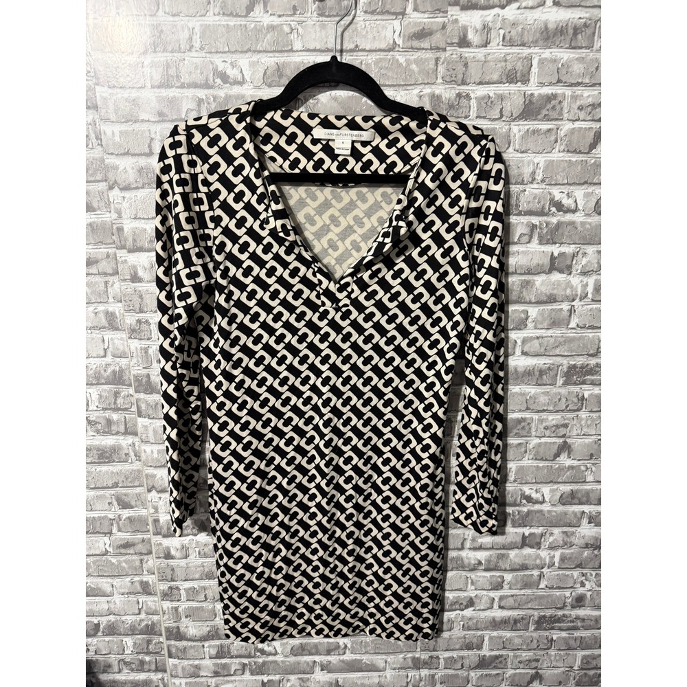 Diane von Furstenberg DVF Black Cream Geometric Link Print V-Neck Mini Dress 6